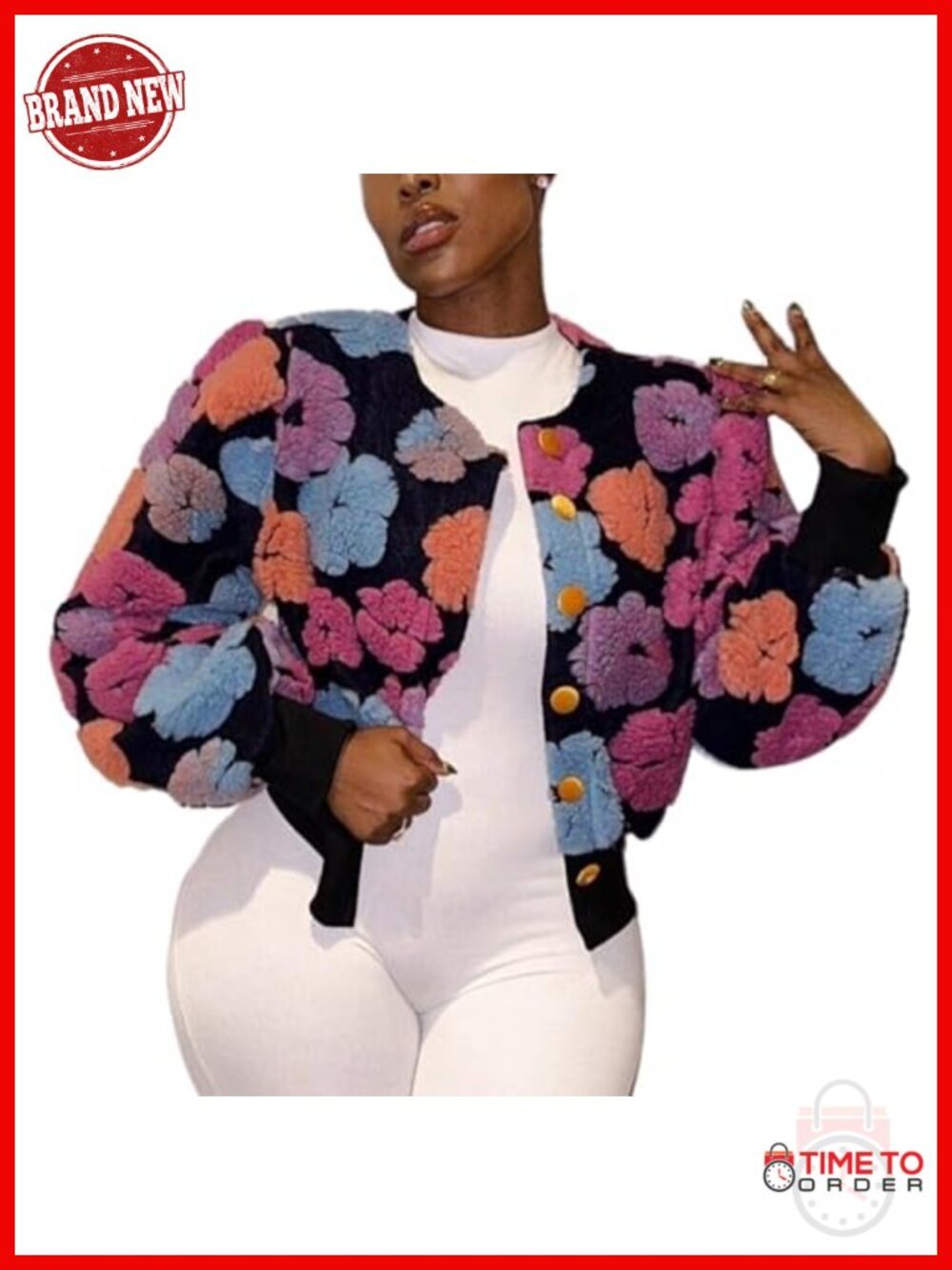 Womens Cropped Floral Print Fleece Puff Sleeve Bomber Jacket Button Down